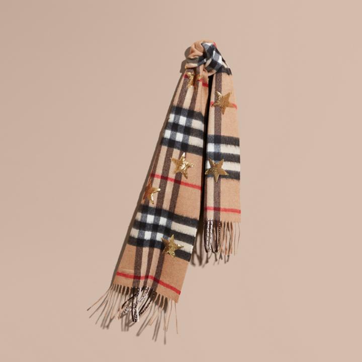 Burberry Burberry The Mini Classic Cashmere Scarf In Check And Sequined Stars, Size: Os, Brown