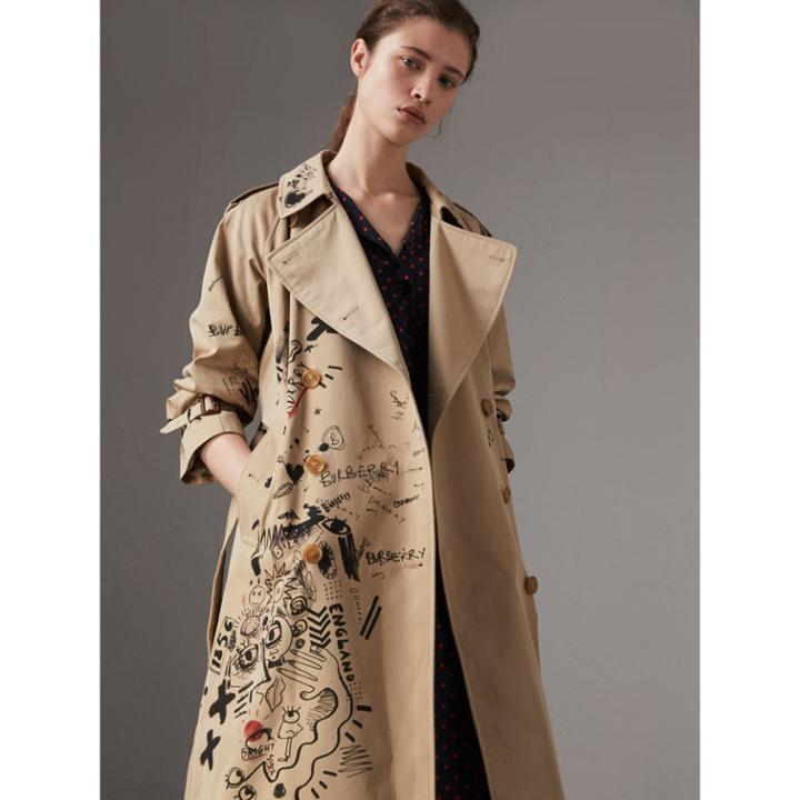 Burberry Burberry Sketch Print Cotton Gabardine Trench Coat, Size: 08