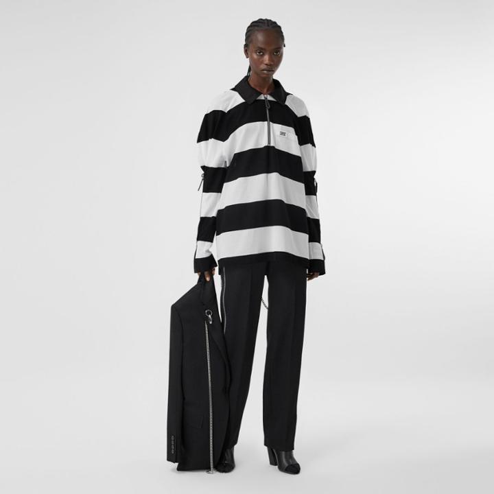 Burberry Burberry Zip Detail Striped Cotton Piqu Oversized Rugby Shirt, Black