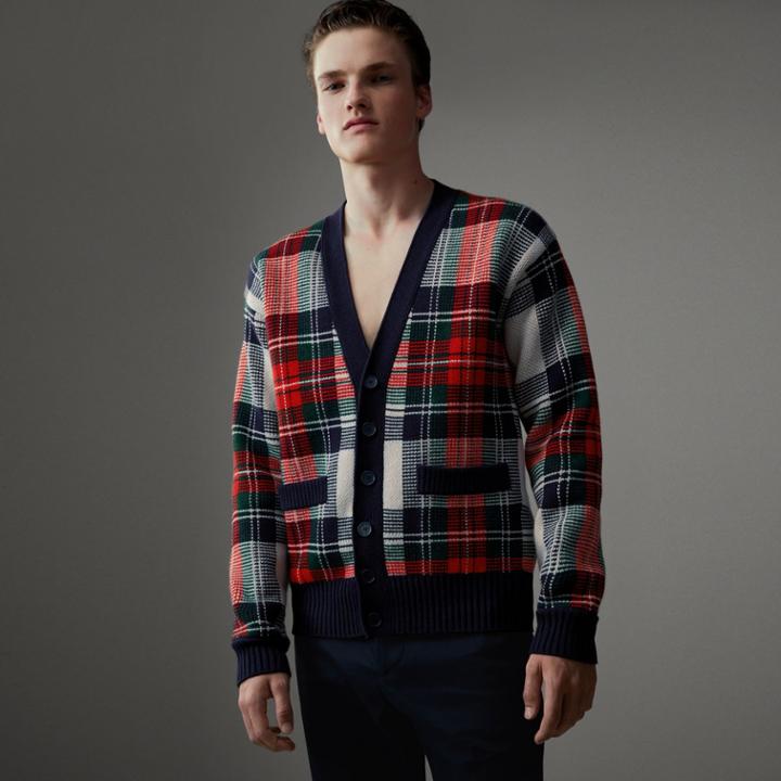 Burberry Burberry Tartan Knitted Cashmere Wool Cardigan, White