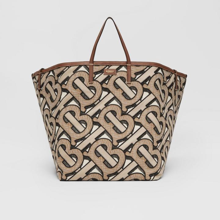 Burberry Burberry Extra Large Embroidered Monogram Cotton Beach Tote, Beige