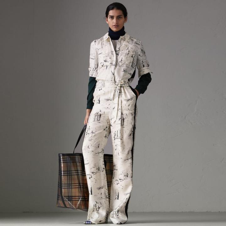 Burberry Burberry Landmark Print Silk Jumpsuit, Size: 02, White