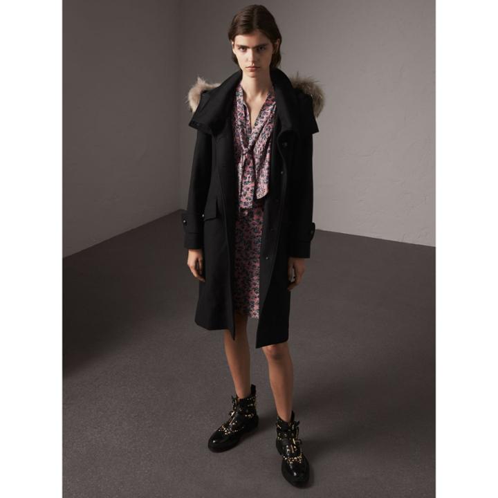Burberry Burberry Hooded Wool Blend Coat With Detachable Fur Trim, Size: 06, Black