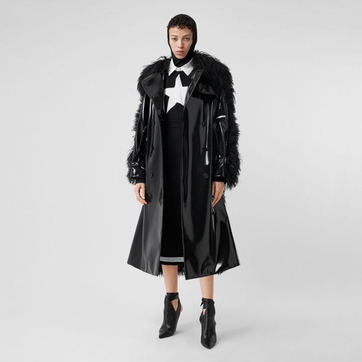 Burberry Burberry Shearling Trim Vinyl Trench Coat, Size: 02, Black