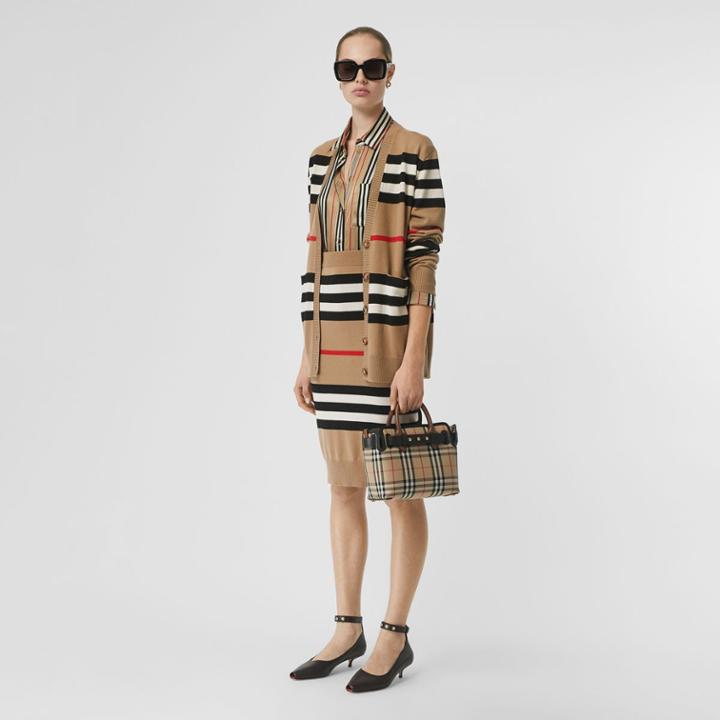 Burberry Burberry Icon Stripe Merino Wool Cardigan, Beige