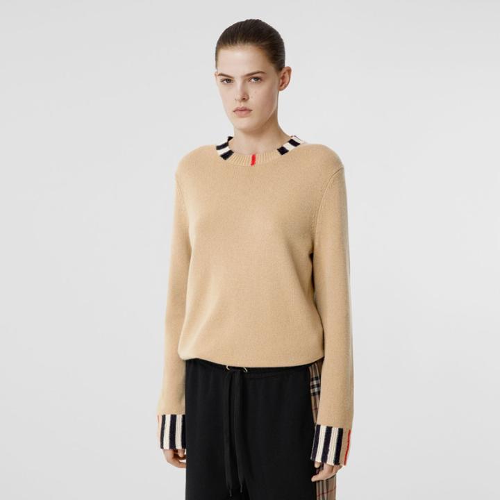 Burberry Burberry Icon Stripe Trim Cashmere Sweater, Size: L, Beige