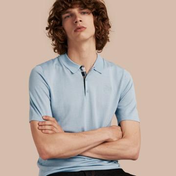 Burberry Burberry Check Placket Wool And Silk Blend Polo Shirt, Blue