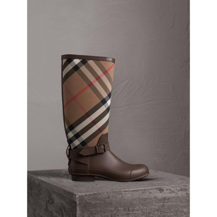 Burberry Burberry Belt Detail House Check And Rubber Rain Boots, Size: 43, Brown