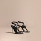 Burberry Burberry Equestrian Detail Leather High-heel Sandals, Size: 38, Black