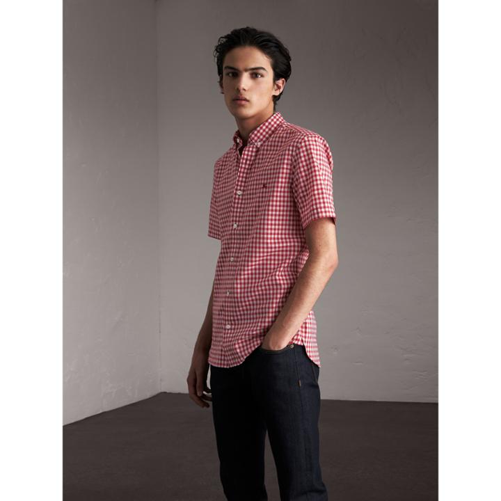 Burberry Burberry Short-sleeve Button-down Collar Cotton Gingham Shirt, Red