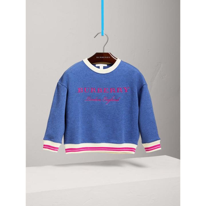 Burberry Burberry Striped Hem Embroidered Cotton Jersey Sweatshirt, Size: 12y, Blue