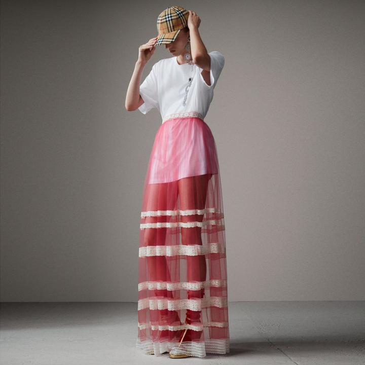 Burberry Burberry Floor-length English Lace Trim Tulle Skirt, Size: 10, Pink