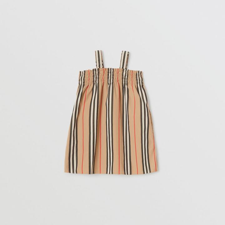 Burberry Burberry Childrens Smocked Icon Stripe Cotton Dress, Size: 12m, Archive Beige
