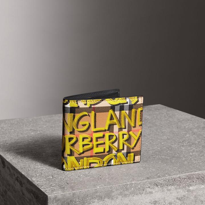 Burberry Burberry Graffiti Print Vintage Check International Bifold Wallet, Yellow