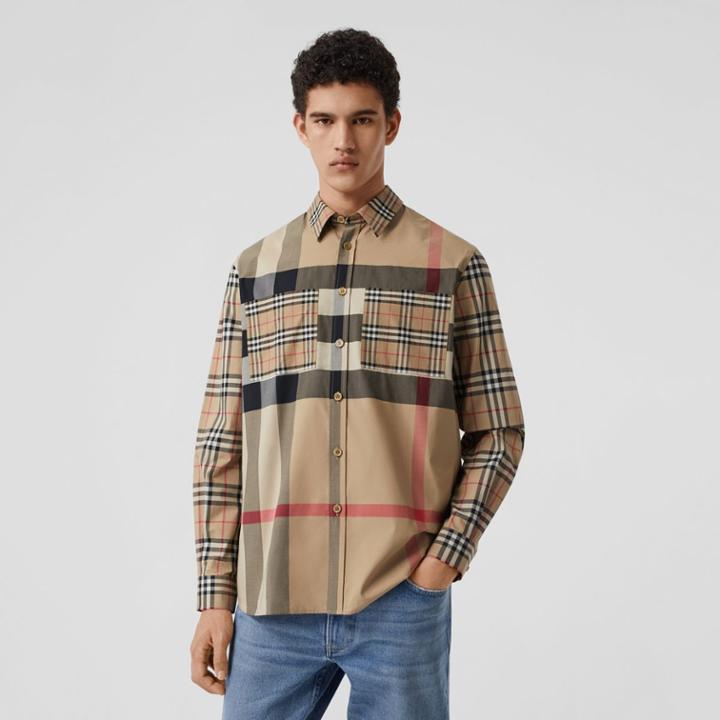 Burberry Burberry Patchwork Check Stretch Cotton Oversized Shirt, Size: M, Beige