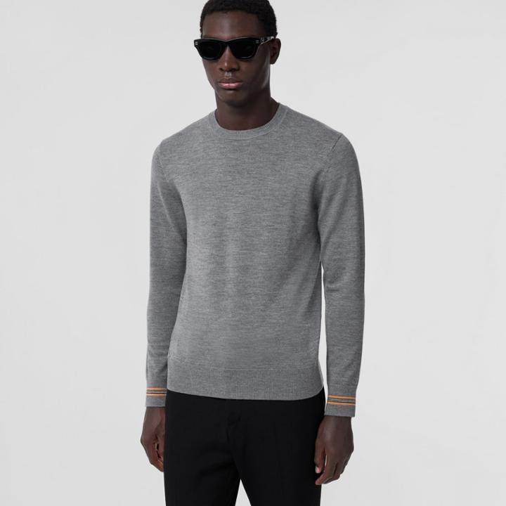 Burberry Burberry Icon Stripe Trim Wool Sweater, Size: Xl, Grey