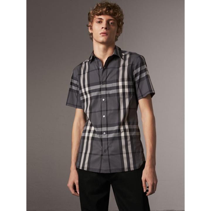 Burberry Burberry Short-sleeved Check Stretch Cotton Shirt, Size: Xs, Grey