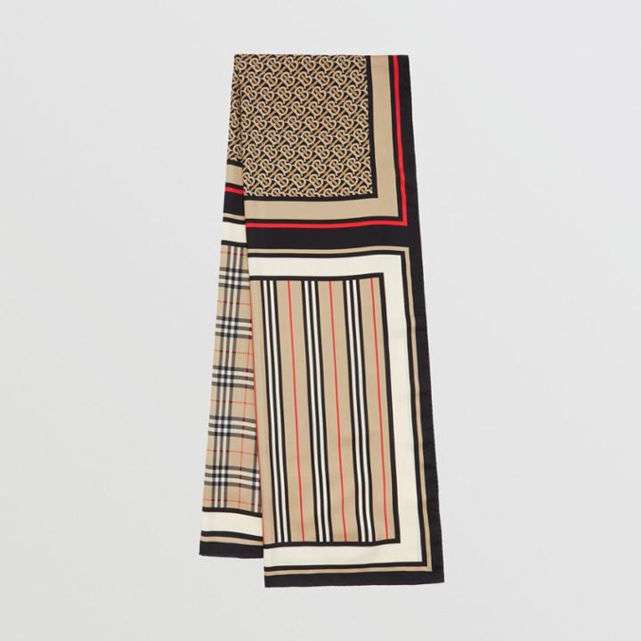 Burberry Burberry Monogram, Icon Stripe And Check Print Silk Scarf, Beige