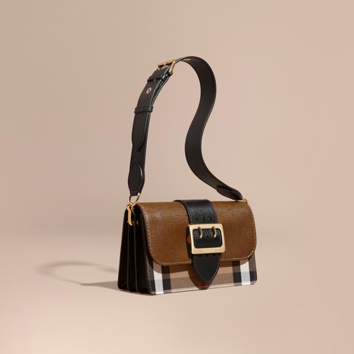 Burberry Burberry The Medium Buckle Bag In House Check And Textured Leather, Brown