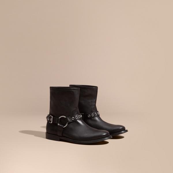 Burberry Buckle Detail Leather Biker Boots