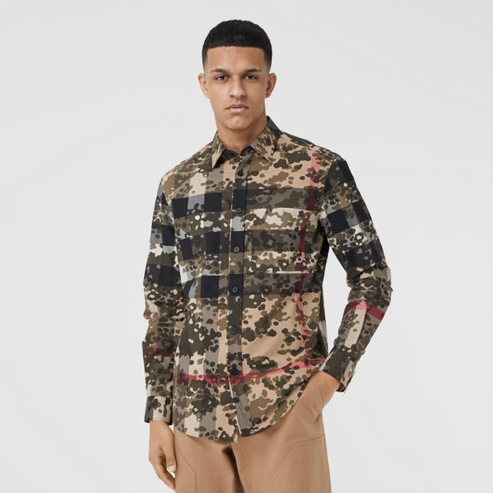 Burberry Burberry Camouflage Check Stretch Cotton Poplin Shirt, Beige