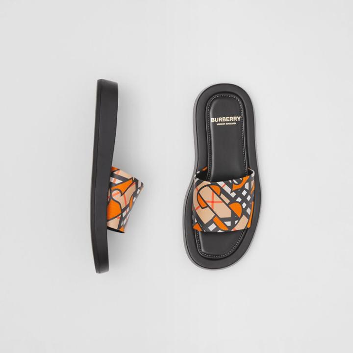 Burberry Burberry Monogram Print Linen Cotton Canvas Slides, Size: 36