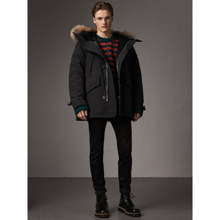 Burberry Burberry Raccoon Fur Trim Shearling Hood Down-filled Parka, Size: 36, Black