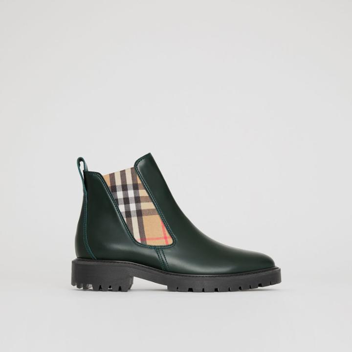 Burberry Burberry Vintage Check Detail Leather Chelsea Boots, Size: 35, Green