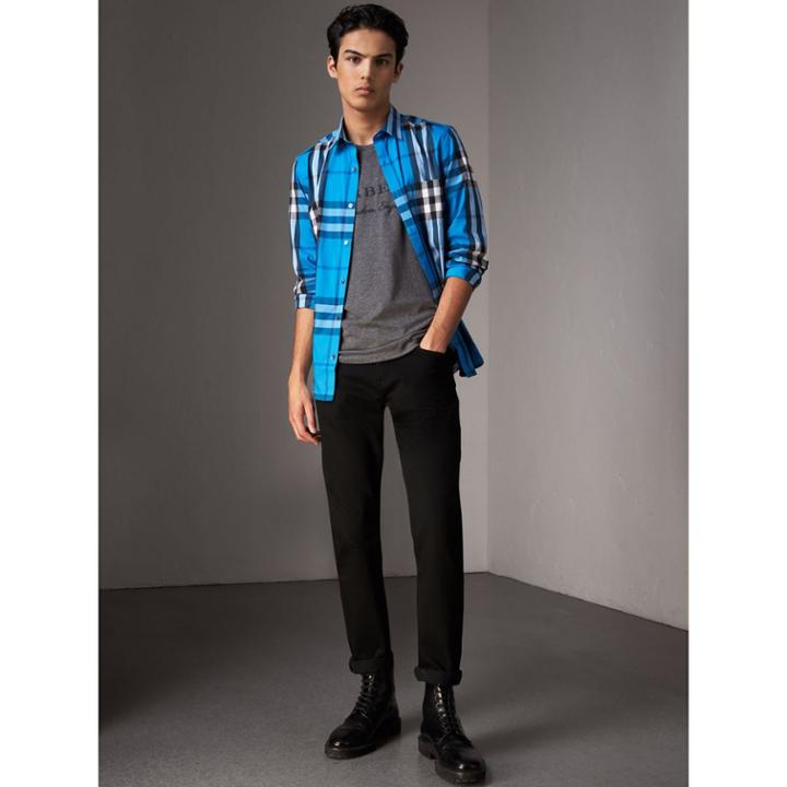 Burberry Burberry Check Stretch Cotton Shirt, Size: Lsf, Blue