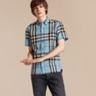 Burberry Burberry Short-sleeved Check Linen Cotton Shirt, Size: Xl, Blue