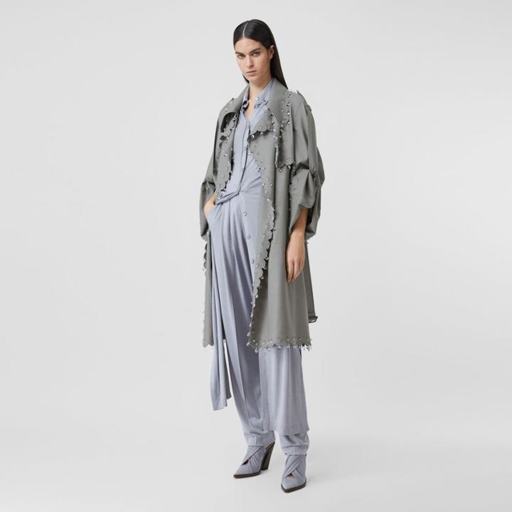Burberry Burberry Crystal Ring-pierced Wool Reconstructed Trench Coat, Size: 04, Grey