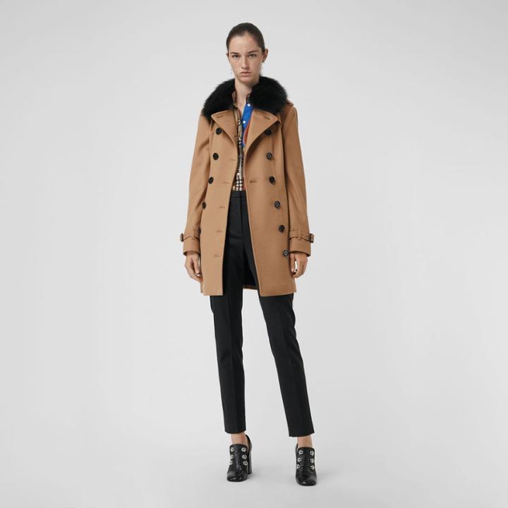 Burberry Burberry Wool Cashmere Trench Coat With Fur Collar, Size: 12, Brown