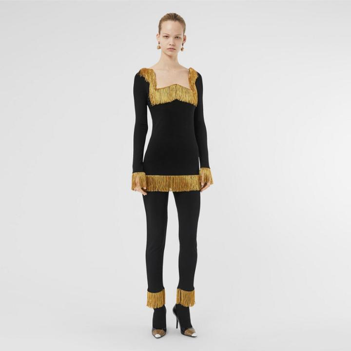Burberry Burberry Metallic Fringe Detail Stretch Jersey Corset Top, Size: 00, Black