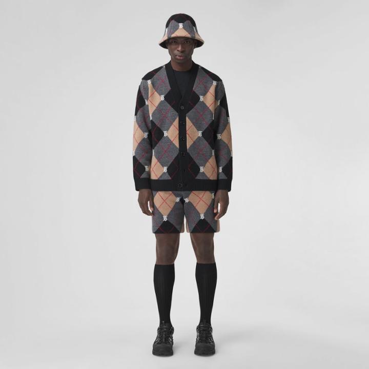 Burberry Burberry Monogram Motif Argyle Intarsia Wool Cashmere Cardigan