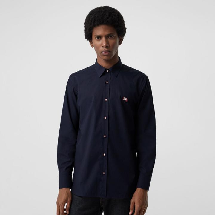 Burberry Burberry Contrast Button Stretch Cotton Shirt, Size: Xl, Blue