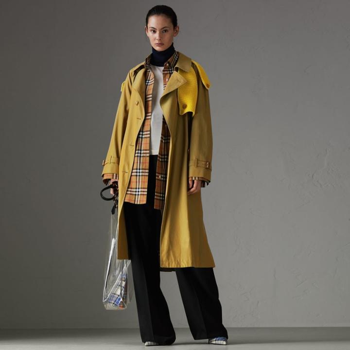 Burberry Burberry Knit-detail Tropical Gabardine Trench Coat, Size: 02, Green Ochre