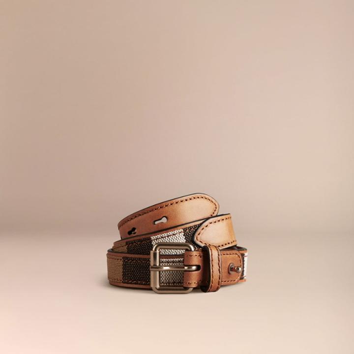 Burberry Burberry Canvas Check And Leather Belt, Size: 90, Brown