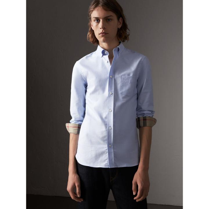 Burberry Burberry Check Detail Cotton Oxford Shirt, Size: Xl, Blue