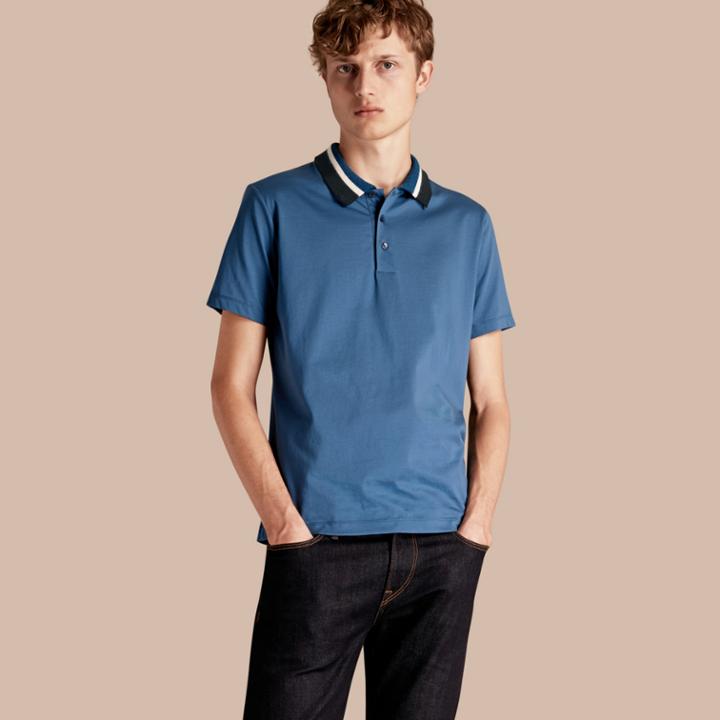 Burberry Burberry Cotton Polo Shirt With Knitted Collar, Blue