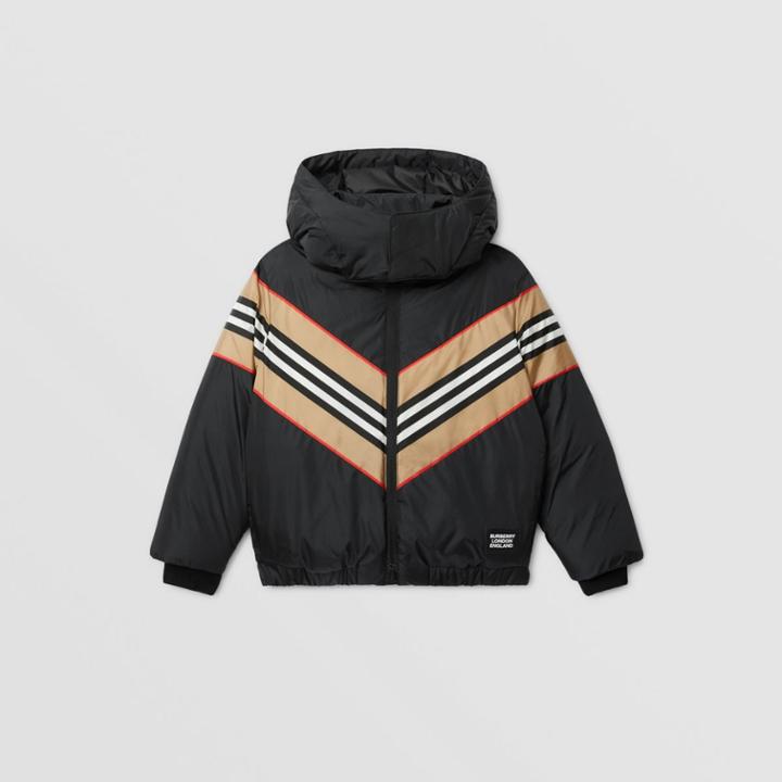 Burberry Burberry Childrens Logo Appliqu Icon Stripe Panel Down-filled Jacket, Size: 14y, Black