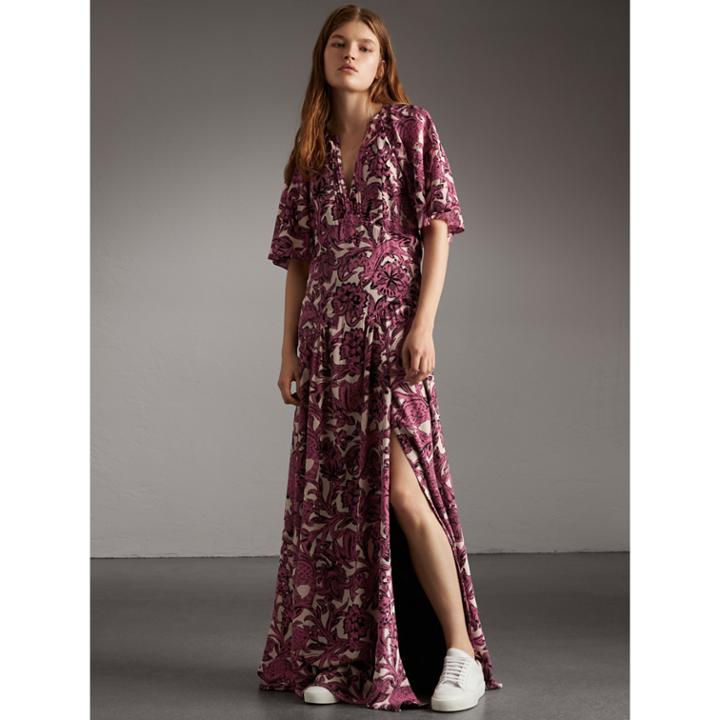 Burberry Burberry Beasts Print Deep V-neck Silk Longline Dress, Size: 10, Red