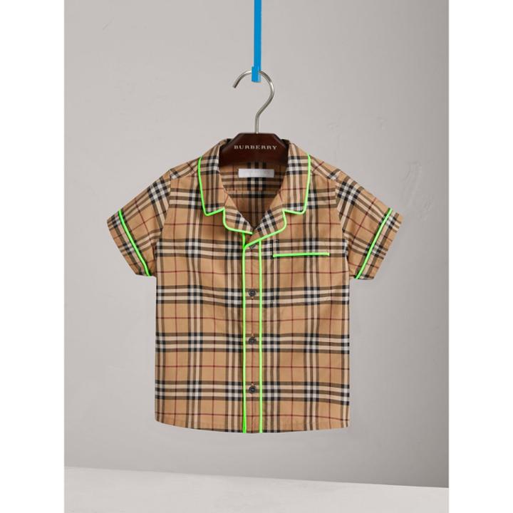 Burberry Burberry Short-sleeve Piped Check Cotton Shirt, Size: 10y, Brown