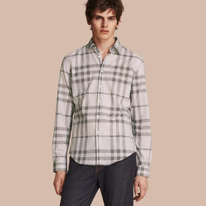 Burberry Burberry Check Cotton Chambray Shirt, Size: L, Grey
