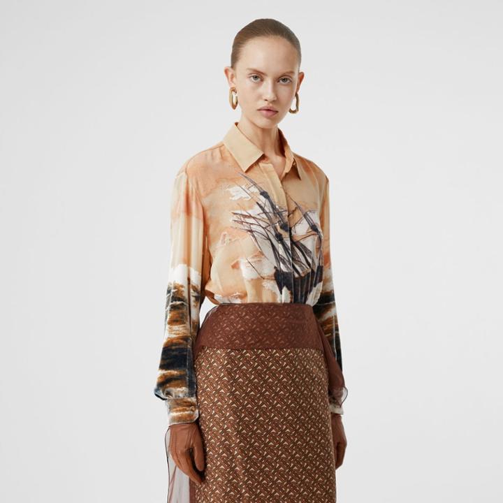 Burberry Burberry Ship Print Devor Silk Blend Oversized Shirt, Size: 10, Brown