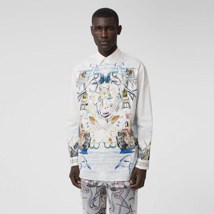 Burberry Burberry Marine Sketch Print Cotton Satin Shirt, White