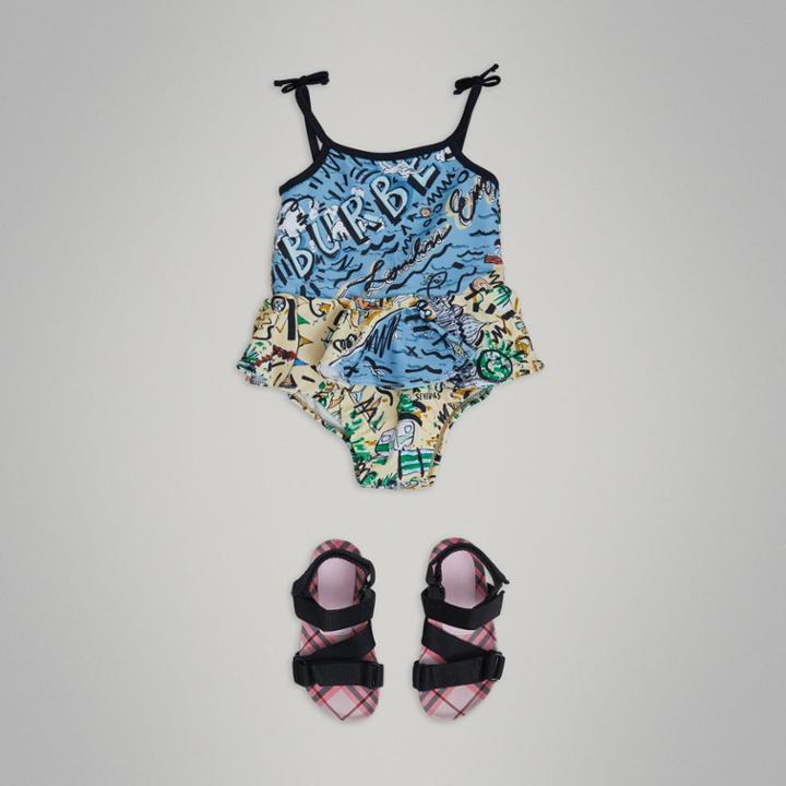 Burberry Burberry Ruffle Detail Seaside Print One-piece Swimsuit, Size: 2y, Yellow