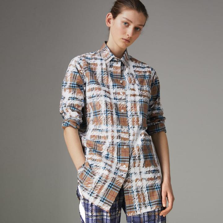 Burberry Burberry Scribble Check Cotton Stepped-hem Shirt, Size: 08, Blue