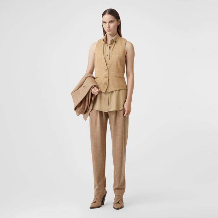 Burberry Burberry Shirt Detail Crystal Pinstriped Wool Blend Waistcoat, Size: 0, Beige