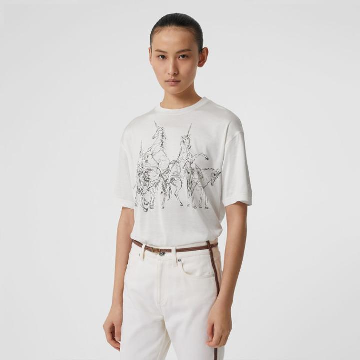 Burberry Burberry Unicorn Sketch Print Jersey Oversized T-shirt, Size: L, White
