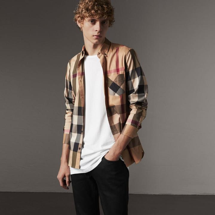 Burberry Burberry Button-down Collar Check Stretch Cotton Blend Shirt, Size: Xl, Brown